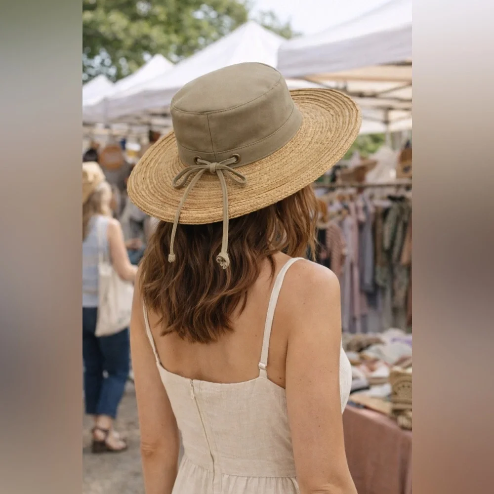 Scala Wide Brim Straw Sun Hat with Olive Crown - Picture 1 of 5